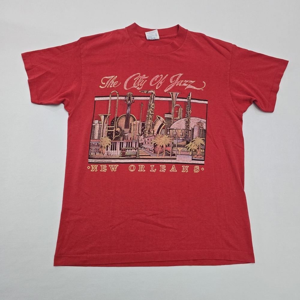 Vintage 1987 Tee Jays New Orleans City of Jazz T Shirt Red Mens Large USA Made